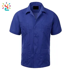 制造价格蓝宝石蓝色瓜亚贝拉波洛斯衬衫休闲古巴风格棉t恤