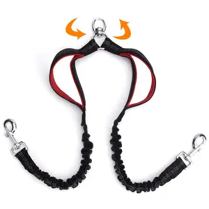 Factory OEM custom logo Two Padded Handles Reflective Nylon No Tangle bungee double dog leash