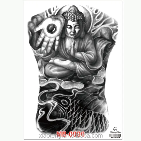 2016 nuovo Tatuaggio Buddha Disegni Nero Tatuaggi Temporanei di Grandi Dimensioni di Arte di Corpo Impermeabile su Tutta La Schiena 34x48CM