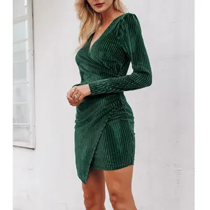 Fasion Green Long Sleeve V Neck Women Dress Women Formal Clothing Dress