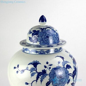 RYLU128 화려한 중국 스타일 파란색과 흰색 모란 패턴 손으로 그린 도자기 생강 항아리 - Product Image 4