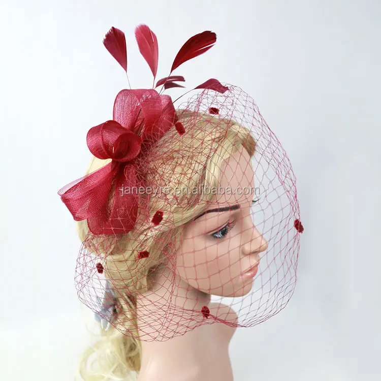 Wholesale 8 Shape Wine Red Birdcage With Feather Fascinator Hair Accessory Wedding