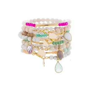 New Design Gemstone Charm Stone Beads Gold Bar Druzy Charm Tube Elastic Bracelet