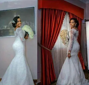African Elegant Mermaid Wedding Dress Pure White Color Lace Appliques Long Sleeves Plus Size Wedding dress Bridal Gowns