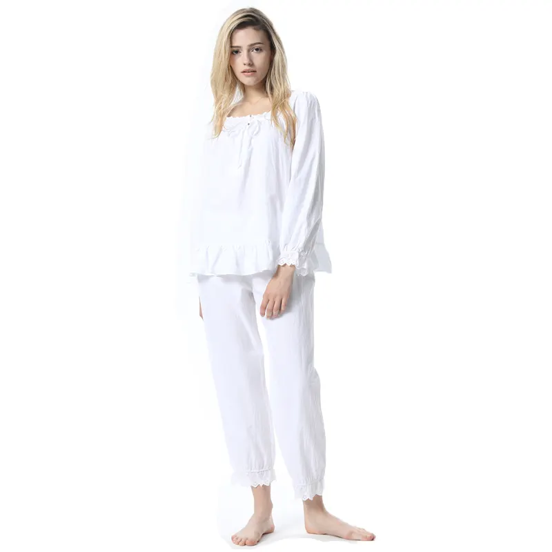 Chemise de nuit blanche en coton style victorien pour femme, manches longues, vêtements de nuit vintage de couleur unie