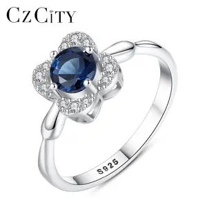 CZCITY mavi taş kristal Rhinestone CZ 925 ayar gümüş çiçek yüzük pürüzsüz yüzey ayarlanabilir taş yüzük