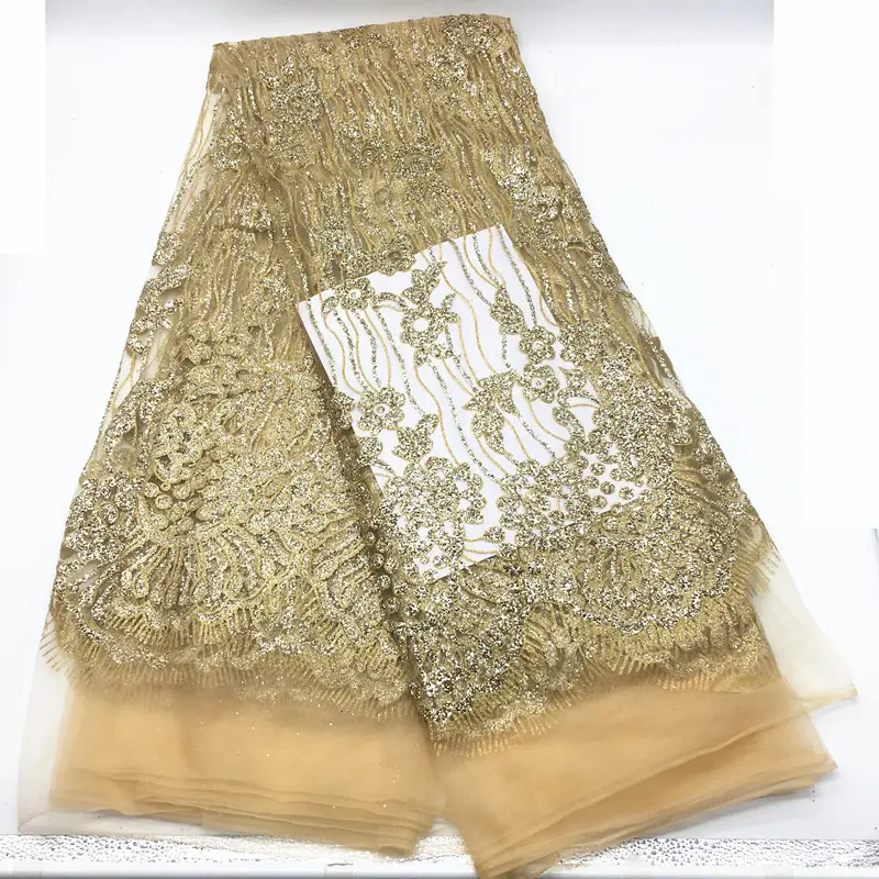 Hochwertige Perlen Gold pulver Afrikanische Spitzens toffe ASO EBI Schöne französische Netz stickerei Tüll spitzens toff für nigerian ische Dres J029