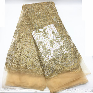 Haute qualité + perles poudre d'or <span class=keywords><strong>tissus</strong></span> de dentelle africaine ASO EBI joli filet français broderie Tulle dentelle tissu pour nigérian Dres J029 - Product Image 1