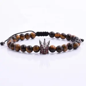 New Style High Quality Crown With Red Stone Tiger Eye Gemstone Macrame Adjustable Bracelet