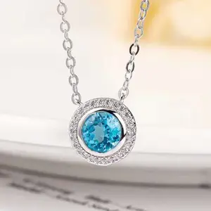 Perhiasan Batu Permata Asli Grosir 925 Perak Murni 18K Berlapis Emas Putih 6Mm Kalung Topaz Biru Alami Liontin Wanita