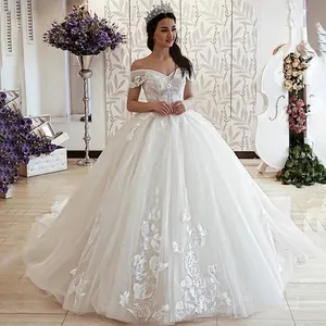 2021 नई गेंद का गाउन शादी की पोशाक राजकुमारी बंद कंधे फीता पिपली ब्राइडल गाउन के साथ फीता अप वापस vestido डे novio