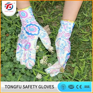 Hand Gloves White Flower Color Polyester Liner White PU Palm Coated Garden Work Gloves For Woven Protective Hand Gloves