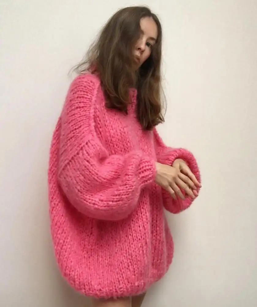 Pure Mohair Lantern Sleeve Sweater Cardigan Coat Hand Knit Sweater for Women Lady