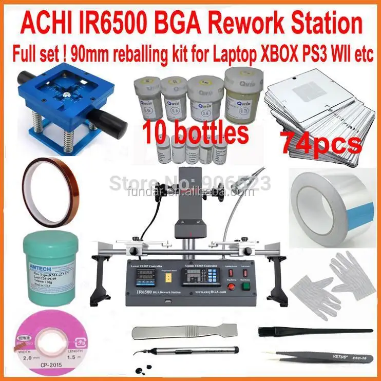 Achi ir6500 bga estação de solda original, + 90mm 74 pçs estêncil bga kit de reballing solda bola 20 presente