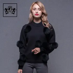Low MOQ fashion women fox fur pom pom knit cashmere wool pullover sweater