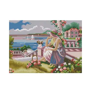 Factory Direct Selling Cross Stitch Kit Looking at The Sea Dmc Thread 11ct 14ct Counted Stamped China NKF a Girl Folk Art Cotton