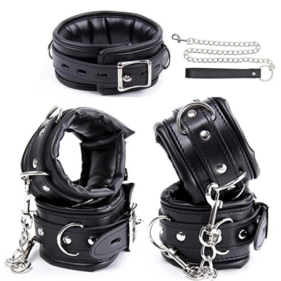 PU Leather Padded Hand Cuffs Ankle Cuffs Neck Collar Set BDSM Bondage Restraint Cosplay Accessories