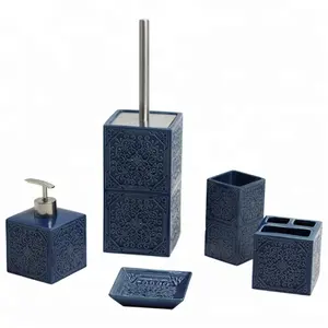 BX مجموعة 5 قطعة مربع الأزرق الداكن تنقش نمط السيراميك مجموعة مستلزمات الحمام ، مجموعة اكسسوارات الحمام ، الحمام ملحقات للتزيين مجموعة