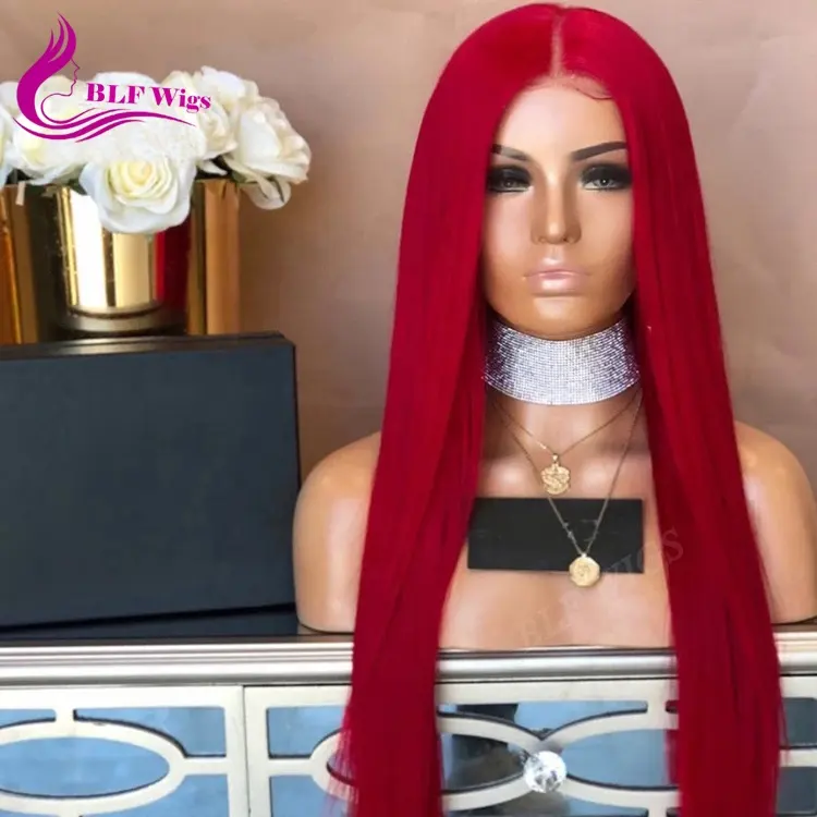 Red Colored Human Hair Wigs Silky Straight Brazilian Virgin Hair Glueless Full Lace Wigs Bleached Knots Invisible Middle Part