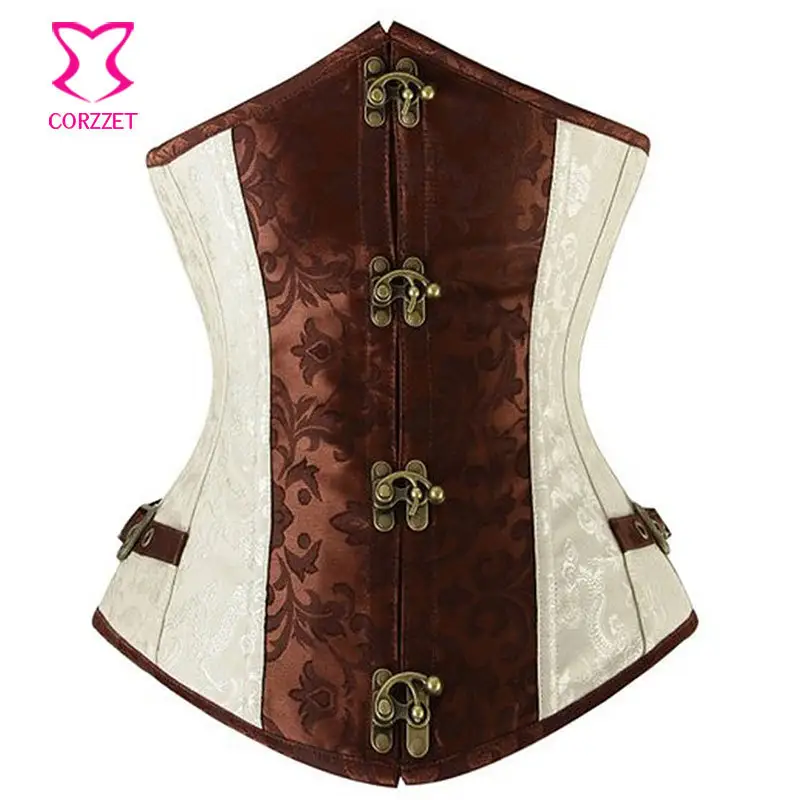 Steel Boned Waist Training Underbust Corset Brown/Beige Brocade Corselet Steampunk Gothic Corsets and Bustiers Women Clothing
