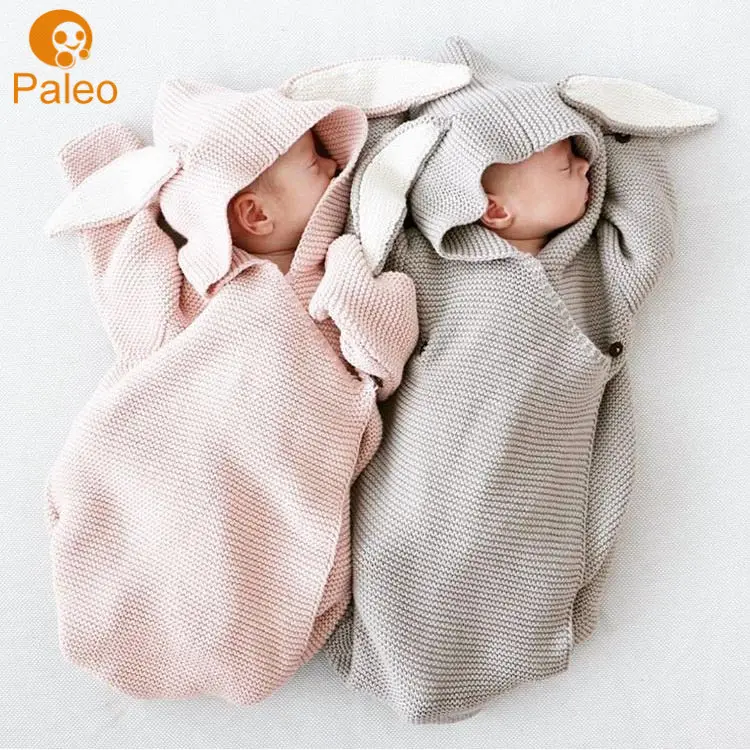 OEM ODM fabrika bebek merinos yünü tığ işi battaniye kundak uyku tulumu bebek battaniye tavşan kulak hood