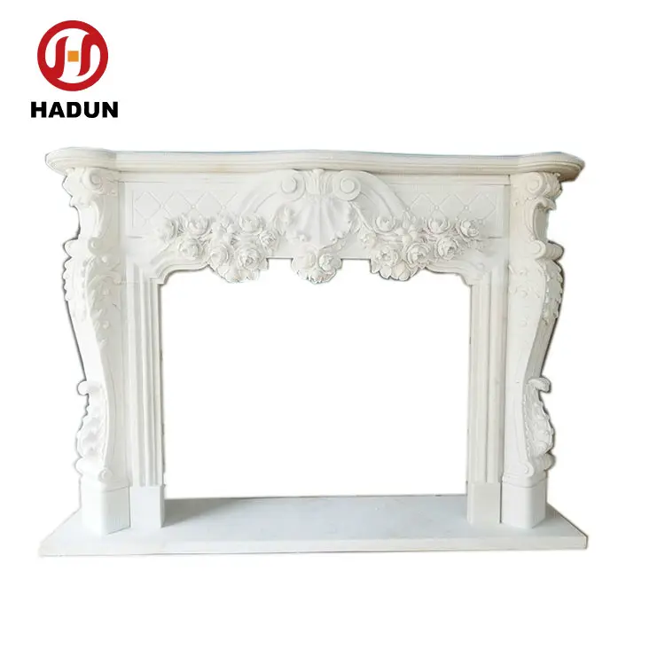 Pure White Marble Flower Carving Electric Fireplace Mental for Sale