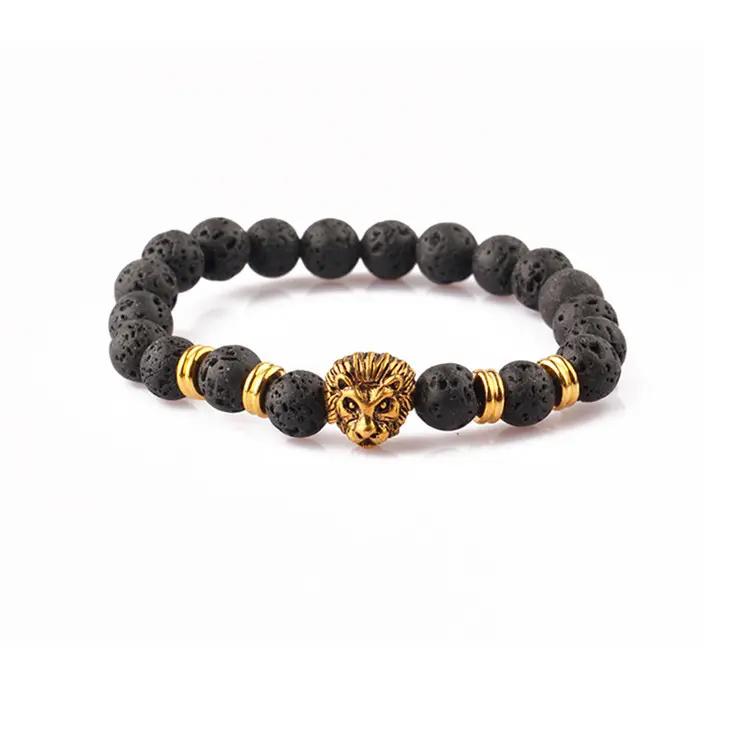 herren zubehör 2024 großhandel mode schwarz lava vulkanischer stein armband gold schmuck löwe armband männer