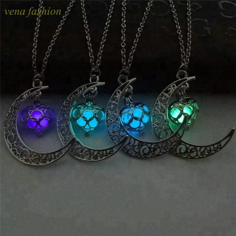 moon glowing in the night heart glow dark necklace