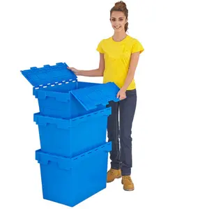 China heavy duty reusable tough turnover moving nestable stackable plastic attached lid totes box with hinged lid