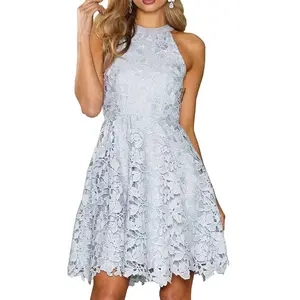 Customize Ladies Elegant Light Blue Crochet Scallop Lace Short Dress