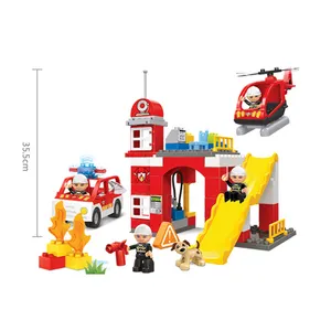 JDLT toy for kids DIY electrical construction ABS plastic fire fighting station with lights and alarm 80pcs building bricks set