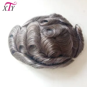 Auf Lager 100% Echthaar Herren Toupee, Dunkelbraune Haut basis Curly Toupee Für Herren