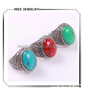 Fashion Nepal turquoise red green blue stone Tibetan silver mens turkey crystal ring jewelry