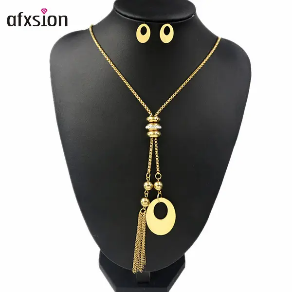 AFXSION china wholesale jewelry Diamonds Tassels sweater chain necklace earrings stainless steel jewelry set women