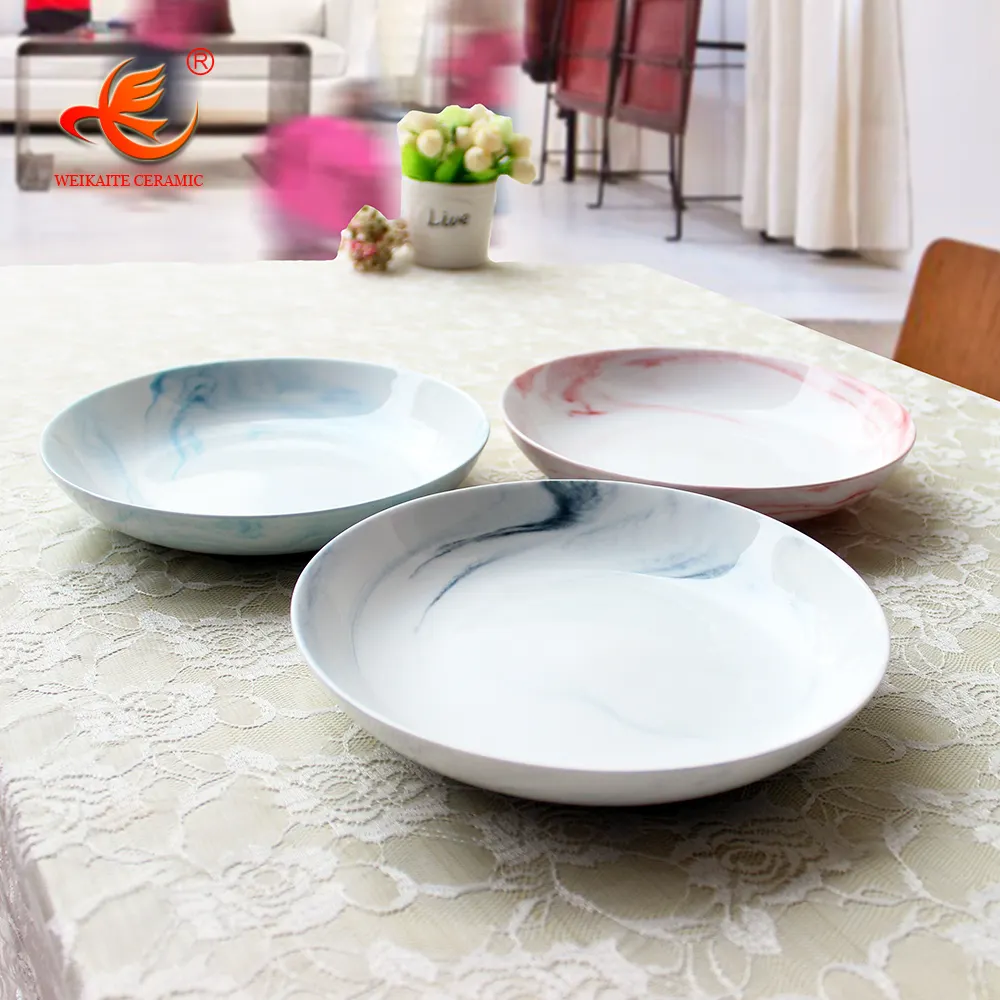 Plats ronds en céramique de porcelaine à usage domestique, assiettes à dîner personnalisées, assiettes à soupe profond en marbre sur mesure, WKTP009