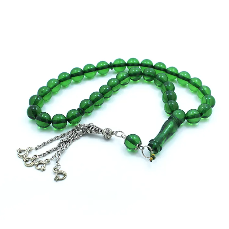 En gros à la main vert 10mm musulman islamique perles de prière chapelet avec argent gland