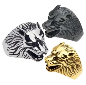 Negro de plata de oro de acero inoxidable Animal anillo de cabeza de Lobo moda de hombre lobo anillo
