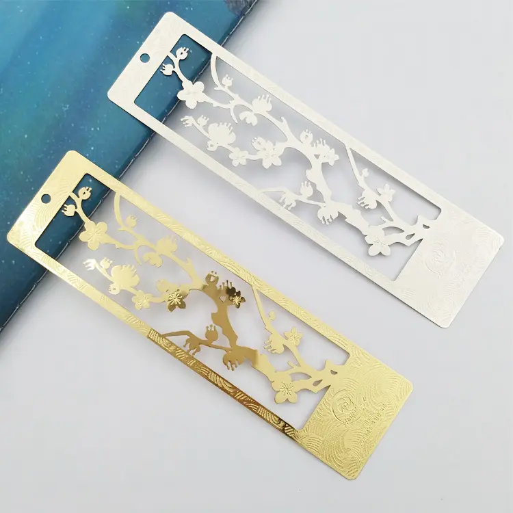 Custom silk print Laser cut logo silver or gold metal bookmarks for books