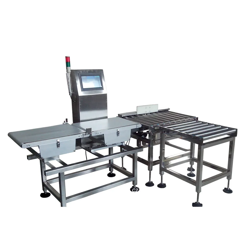 Berat Memeriksa Menyortir Checkweigher dengan Barcode Scanner Tinta Printer Terintegrasi untuk Karton Box Container Roller Pendorong Rejector