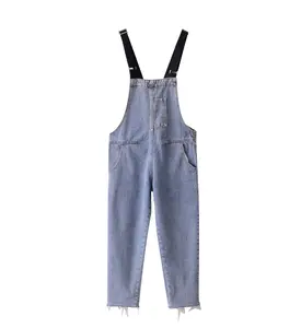 Grosir Diskon Besar Denim Dungarees Wanita Gesper Logam Bekerja Santai Belanja Wanita Jins Biru Jumpsuit