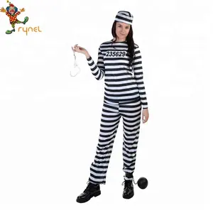 Venda quente Listra Preto E Branco o Dia Das Bruxas Cosplay Suit Trajes de Prisioneiros Da Prisão Para Mulheres