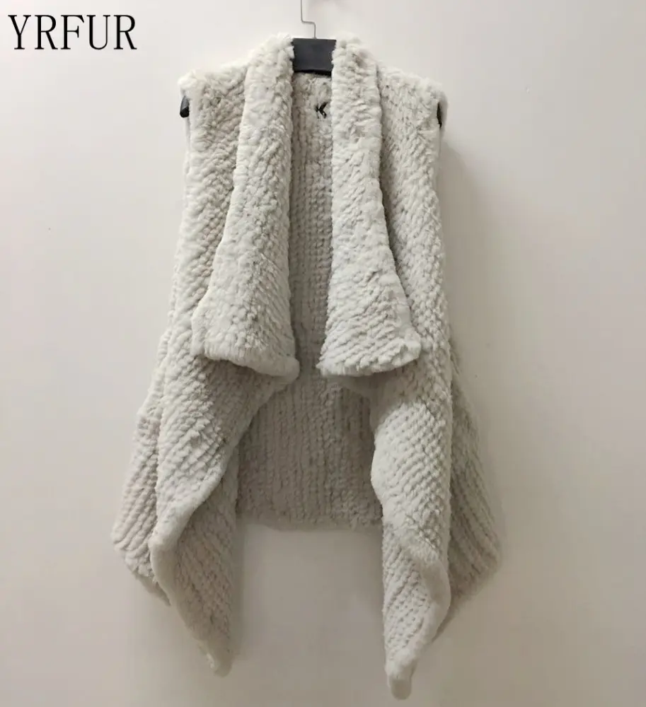 YR1026 Super Quality Rabbit Hand knitted Waterfall Vest Cropped Fur Waistcoat