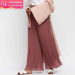 9012# 2019 New Arrival Muslim Wide-legged Trousers pleated chiffon pants with Lining Material