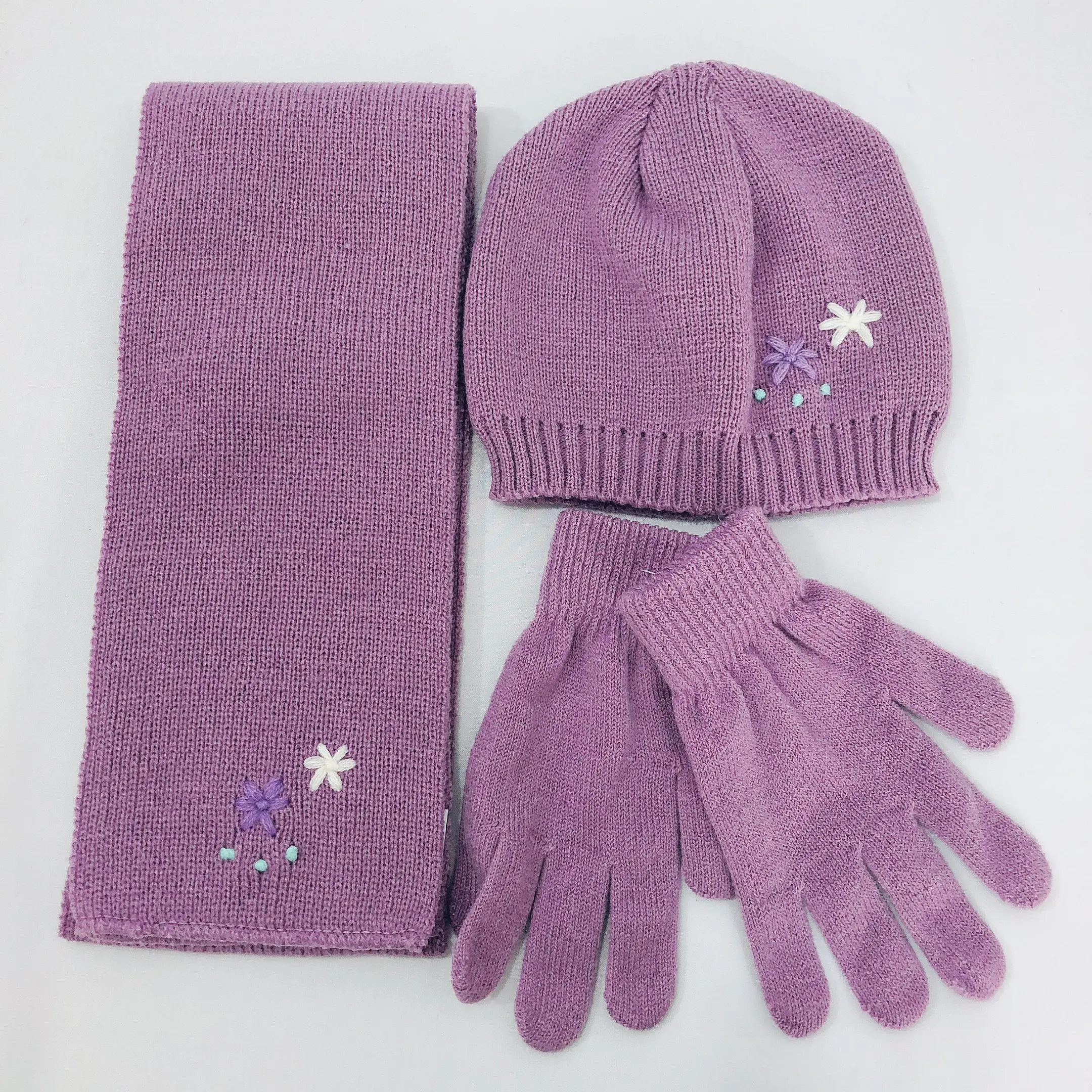 Kids winter leuke gebreide sjaal beanie hoed handschoen sets aangepaste kleur bloem decoratie