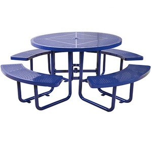 Outdoor Street Park Furniture Perforated Metal Steel Round Outdoor <strong>Garden</strong> Table Chairs Set <strong>Picnic</strong> Table and <strong>Benches</strong> Outside - Product Image 1