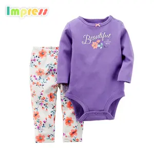 Cheap purple plain baby girl clothing sets cotton baby clothes newborn bodysuit with pant set