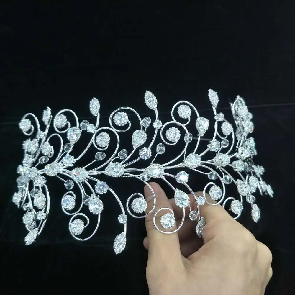 Aanpassen Luxe Handgemaakte Verstelbare Strass Diamonds Parel Kralen Zilveren Tiara Kroon Bruiloft Haaraccessoires Haar