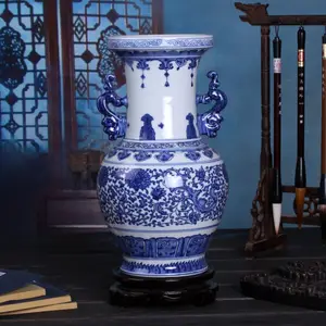 Vaso de flores de cerâmica tradicional chinês, vaso de flores azul e branco de porcelana com duas orelhas para decoração da casa