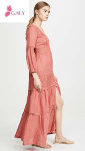 Autunno moda donna mussola in <span class=keywords><strong>pizzo</strong></span> <span class=keywords><strong>con</strong></span> <span class=keywords><strong>spacco</strong></span> frontale a <span class=keywords><strong>spacco</strong></span> <span class=keywords><strong>con</strong></span> collo a V <span class=keywords><strong>con</strong></span> bottone a maniche lunghe sul davanti Maxi abito - Product Image 4