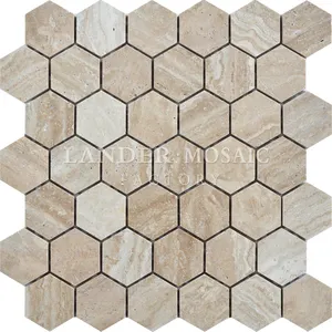 Lander piedra 48mm mármol travertino mosaico hexagonal piedra Baño de azulejos de mosaico de color amarillo